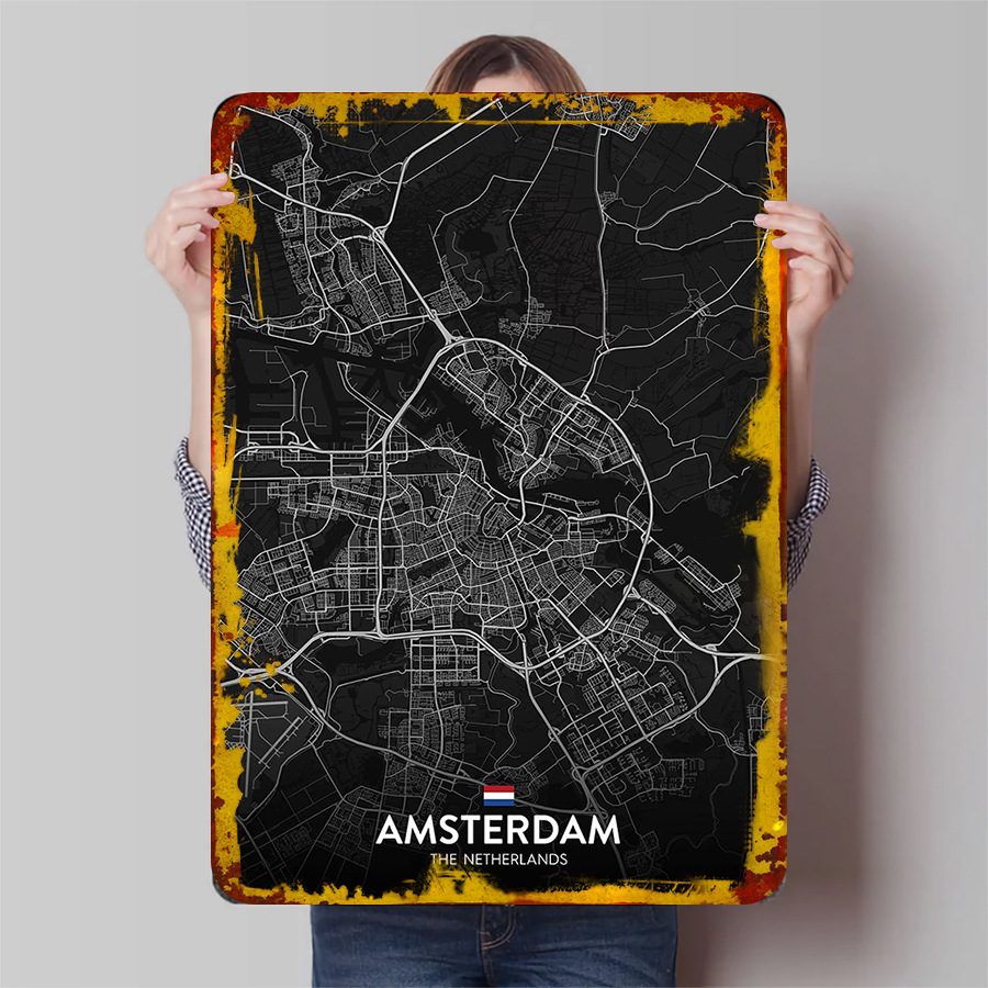 Home Decor Netherlands - Lukisan Logam Besi Peta Kota Amsterdam
