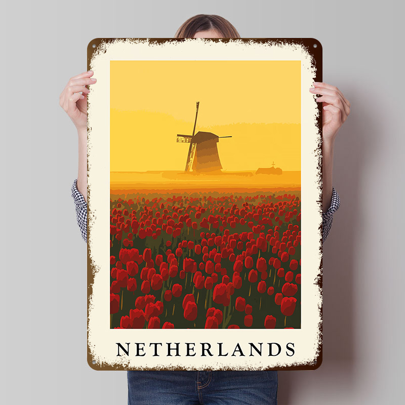 Home Decor Netherlands - Poster Cetak Kincir Angin dan Tulip