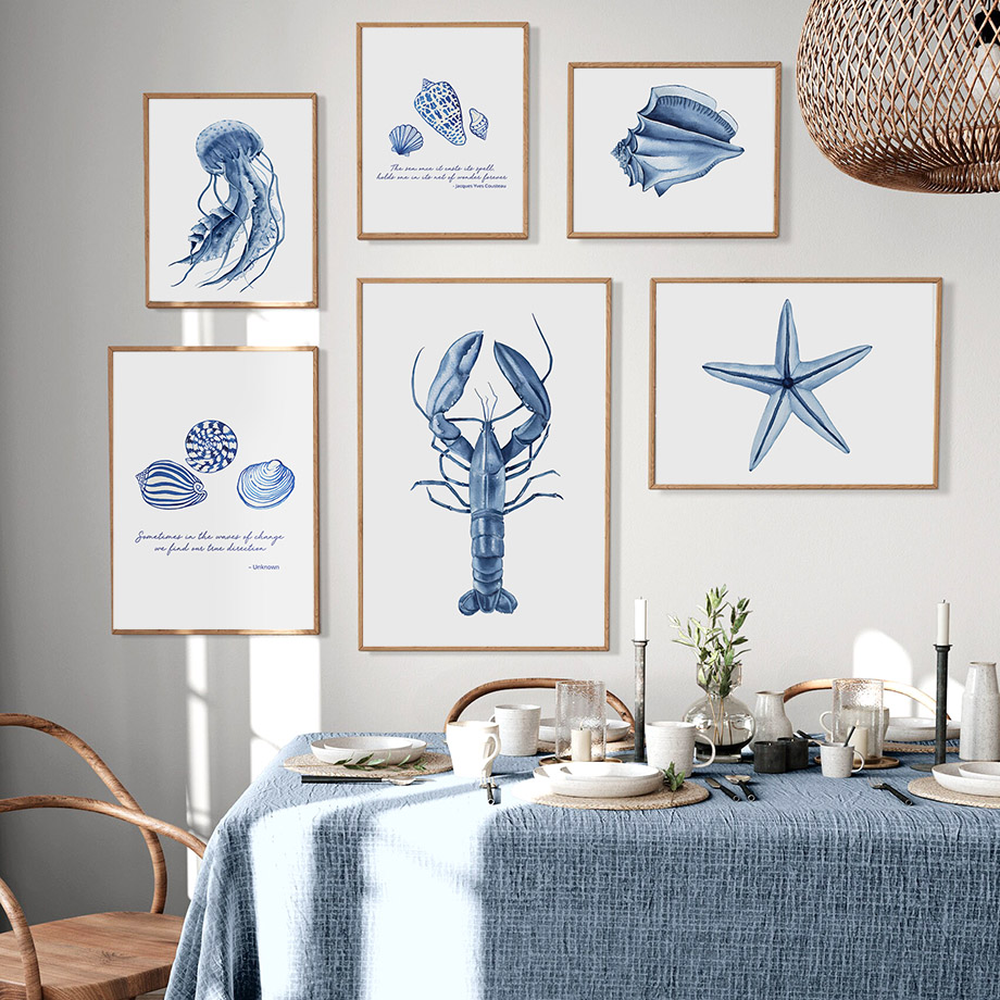 Home Decor Nautical - Poster Makhluk Laut Pesisir Biru Cat