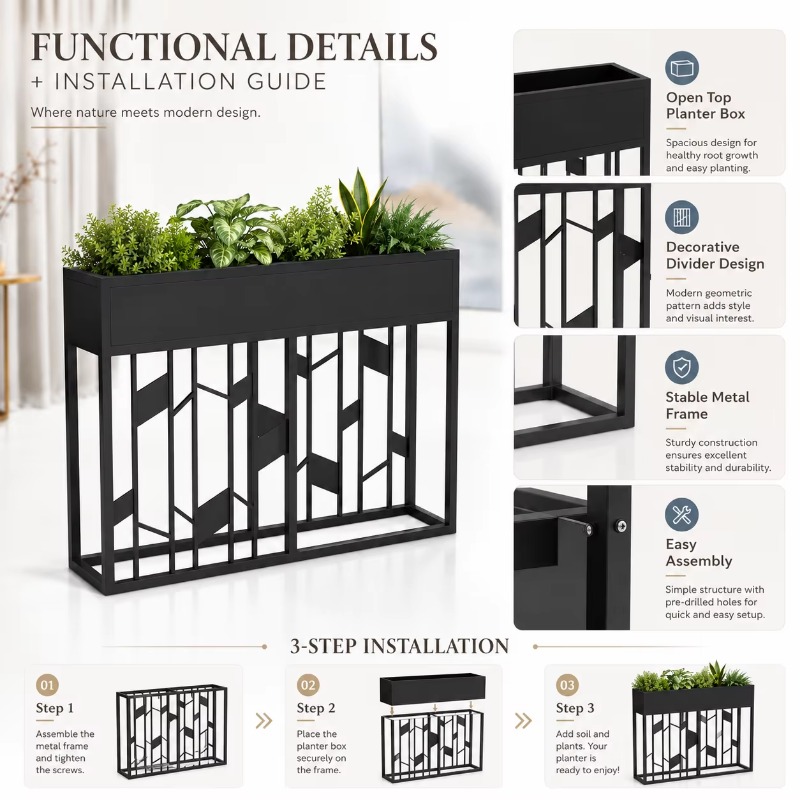 Kotak Tanaman Logam Hitam Doff - Room Divider Screen ulasan dan harga
