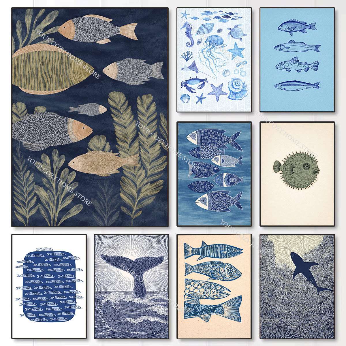 Poster Seni Ikan dan Gelombang - Home Decor Nautical ulasan dan harga