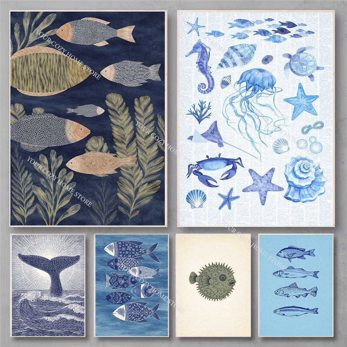 Poster Seni Ikan dan Gelombang - Home Decor Nautical ulasan dan harga