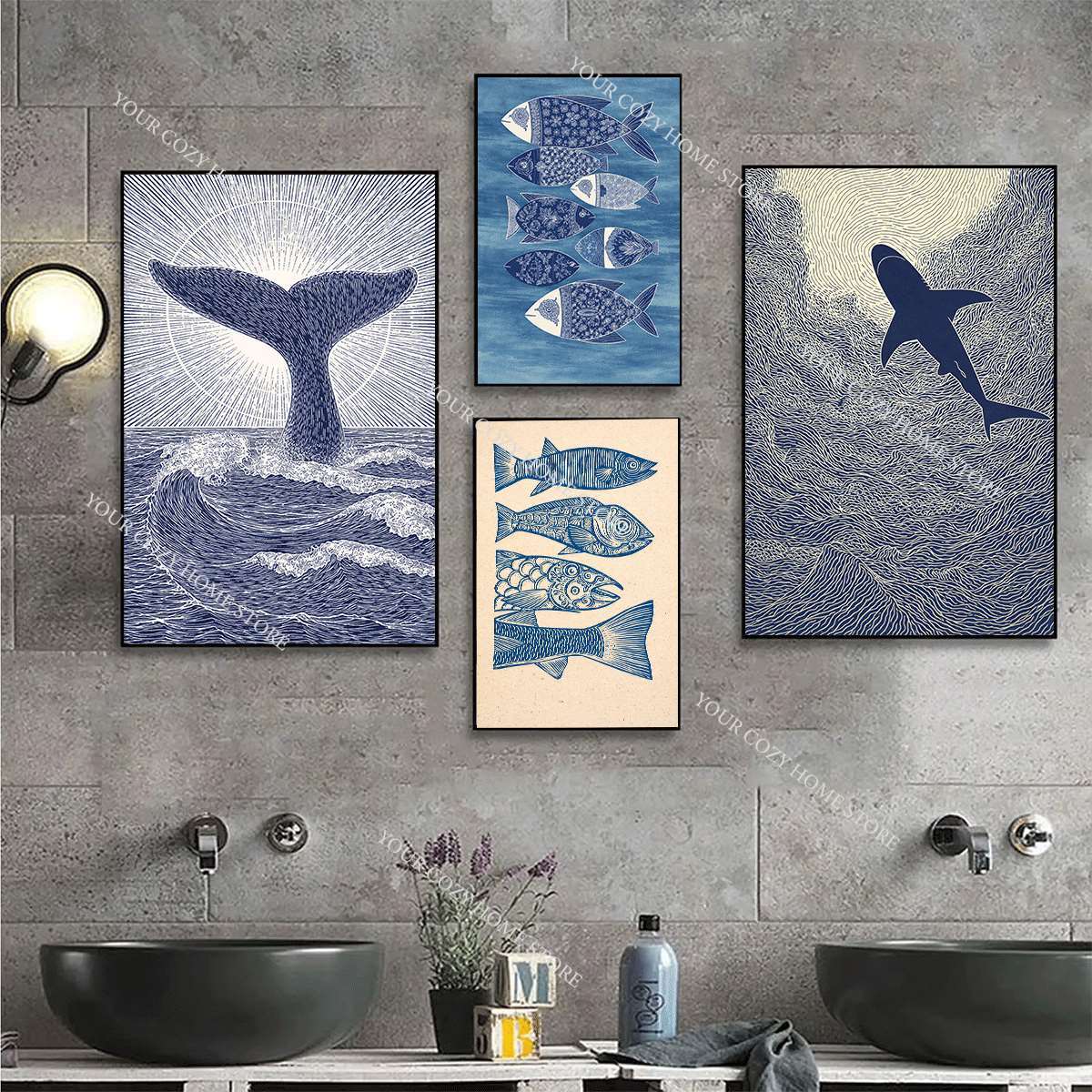 Poster Seni Ikan dan Gelombang - Home Decor Nautical ulasan dan harga