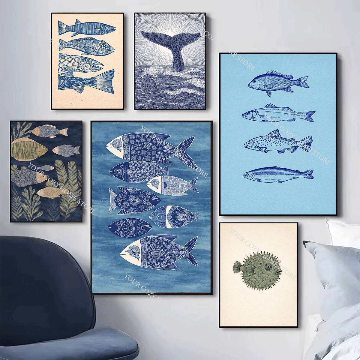 Poster Seni Ikan dan Gelombang - Home Decor Nautical ulasan dan harga